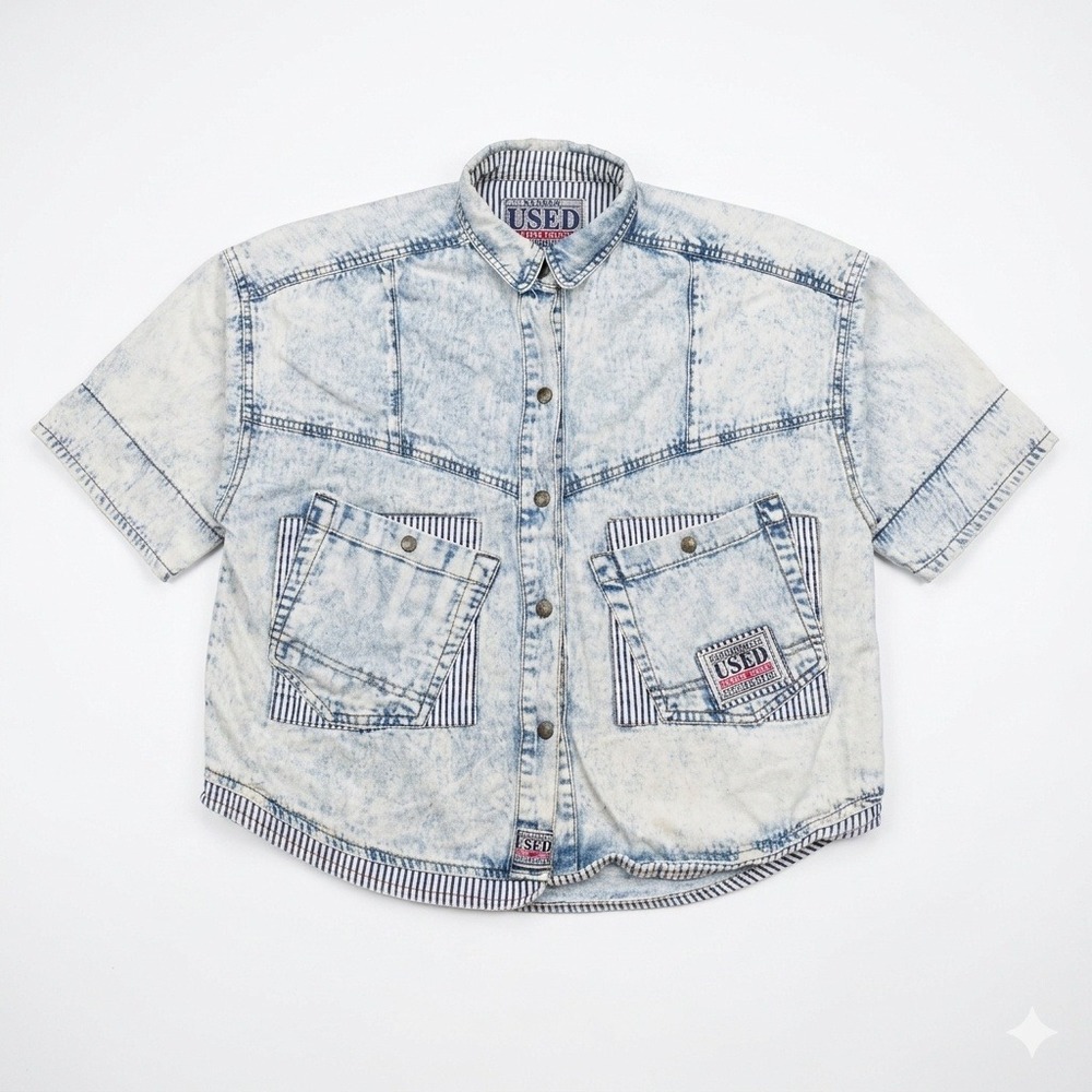 VTG 90s Get Used by Elie Denim Shirt M Acid Wash Pinstripe Streetwear Hip Hop